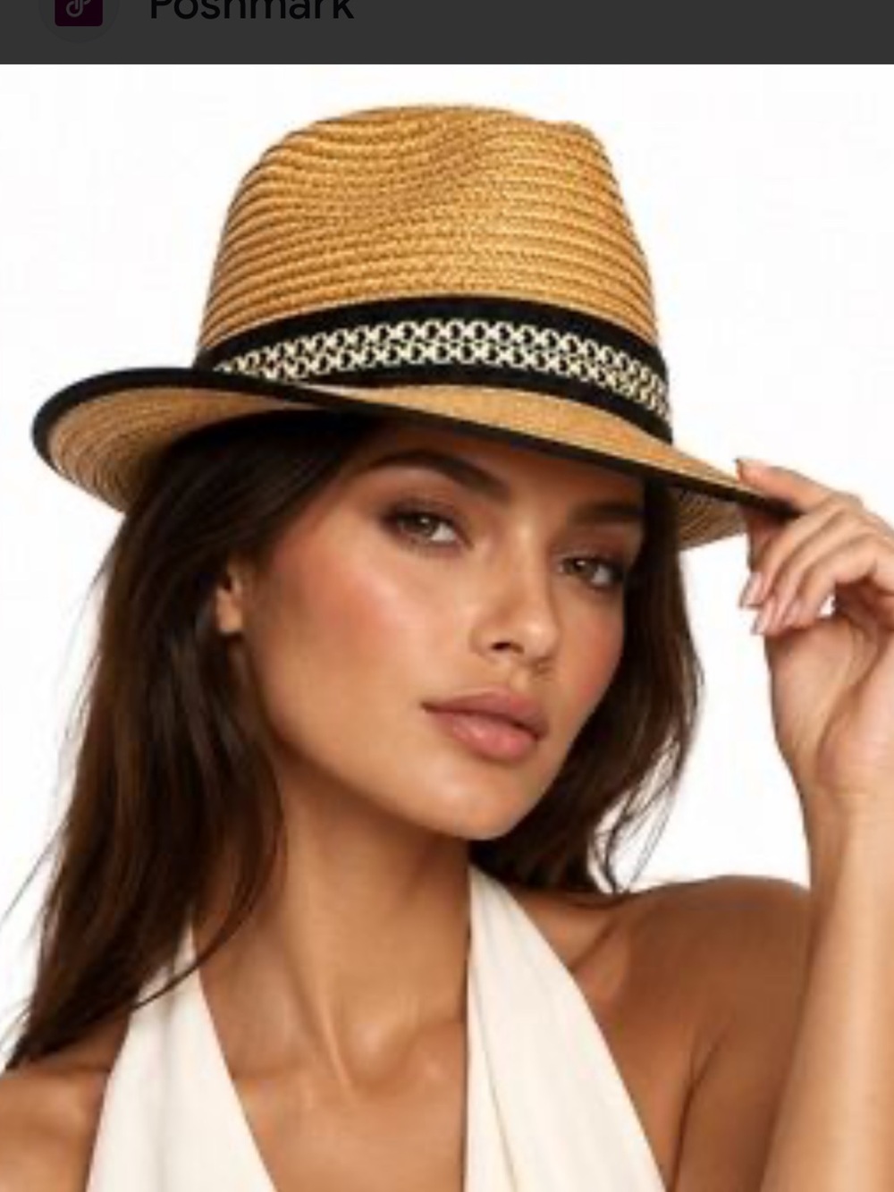 Eric Javits Tan Straw Fedora with Black Trim